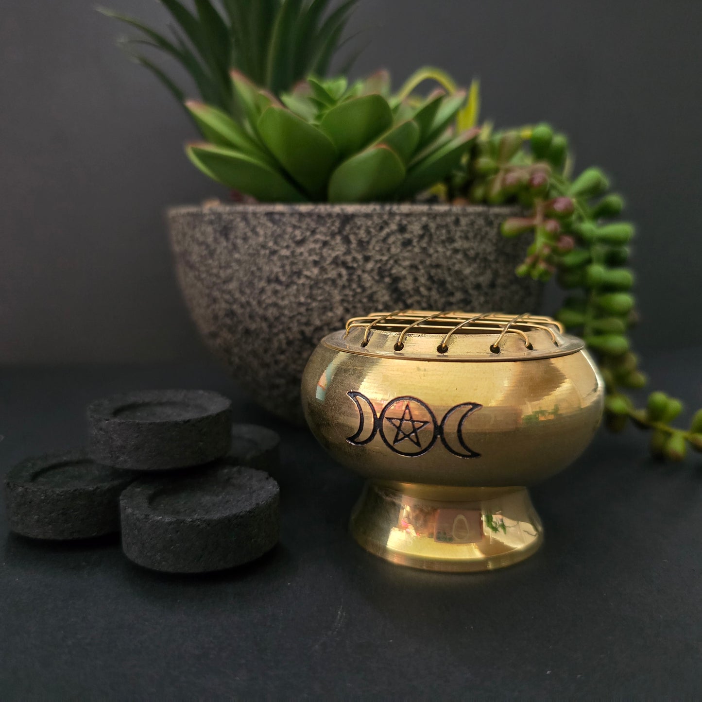 Brass Triple Moon Pentacle Charcoal Burner